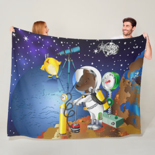 Puppy in space an alien with a telescope fleece blanket