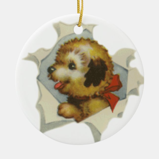 puppy in torn paper ceramic ornament (Front)