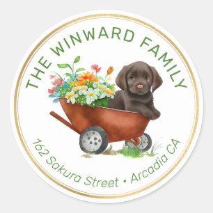 Puppy in Wheelbarrow and Spring Floral Address Classic Round Sticker