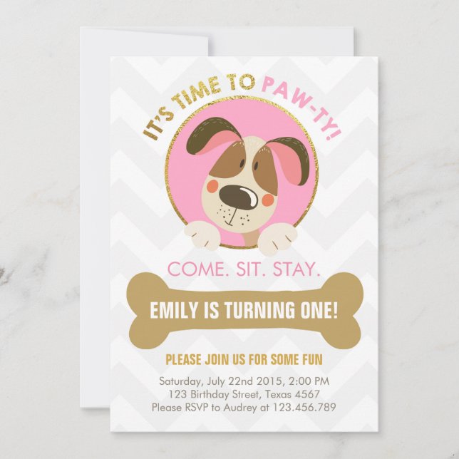 Puppy invitation chien rose et or Paw-ty (Devant)