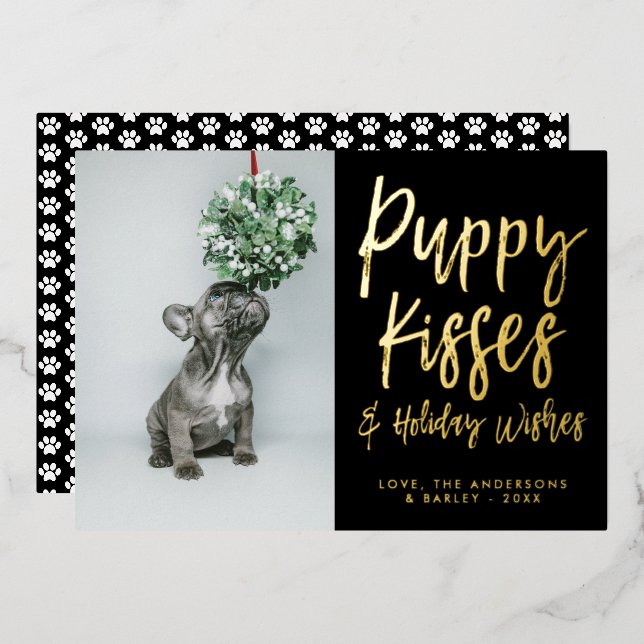 Puppy Kisses Paw Print Photo Foil Holiday Card (Front/Back)