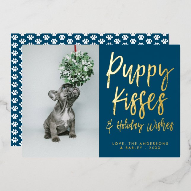 Puppy Kisses Paw Print Photo Foil Holiday Card (Front/Back)