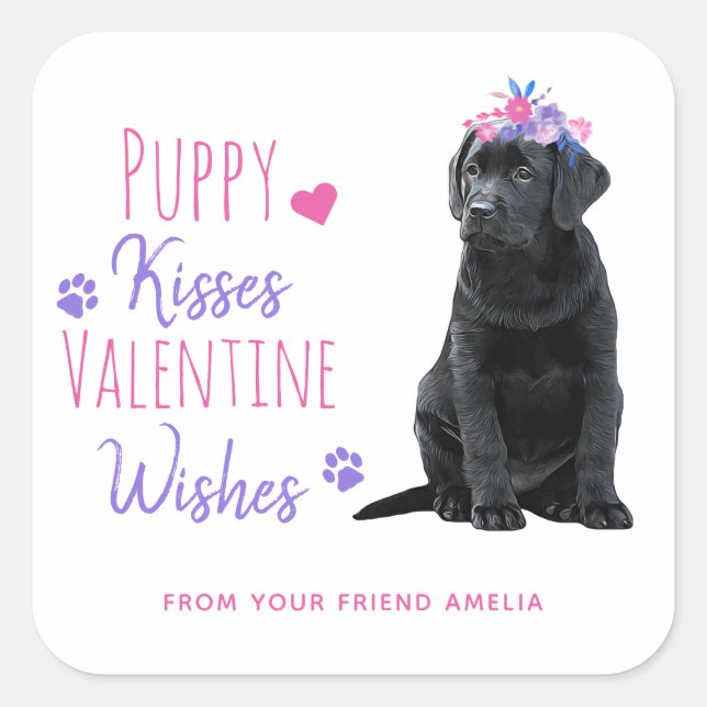 Puppy Kisses Valentine Wishes Kids Valentines Day Square Sticker (Front)