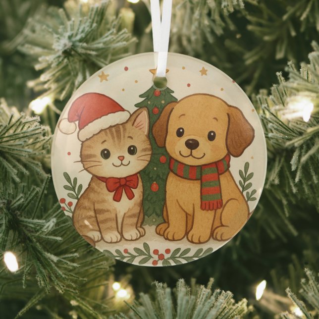 Puppy & Kitten Christmas Cheer Glass Ornament (Insitu)
