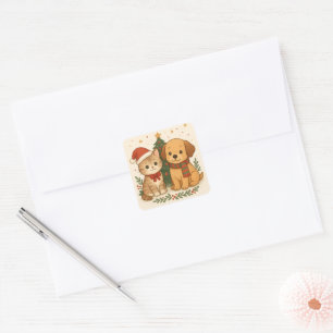 Puppy & Kitten Christmas Cheer Square Sticker