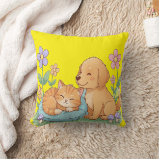 Puppy & Kitten Floral Pillow – Cozy Cuteness for P