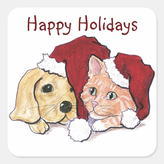 Puppy, Kitten Santa Cap Christmas Stickers (Front)