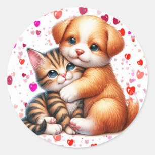 Puppy & Kitty Hug Valentine's Day Cute Classic Round Sticker