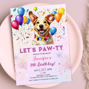 Puppy Lets Pawty Birthday Party Girl 9th Birthday Invitation