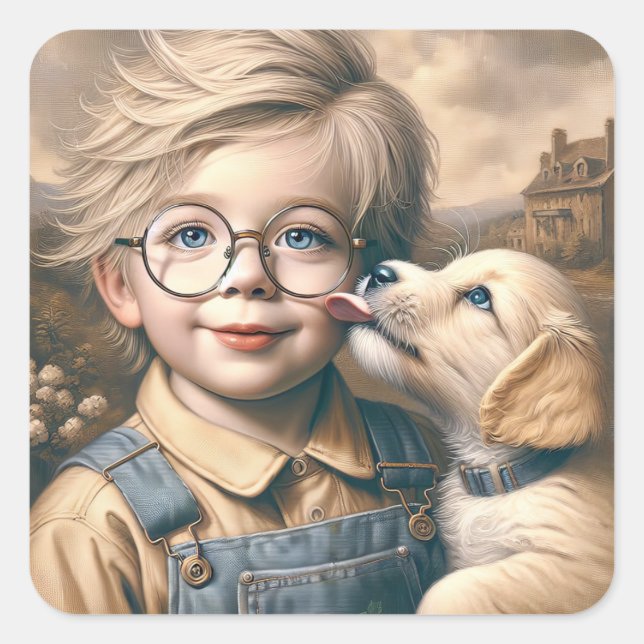 Puppy Licking Little Boy's Face Square Sticker (Front)