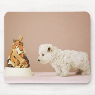Puppy looking at pile of biscuits in dog bowl mouse pad