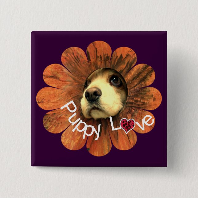 Puppy Love Peeking Out of a Flower 2 Inch Square Button (Front)