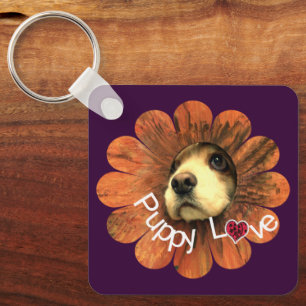 Puppy Love Peeking Out of a Flower Keychain