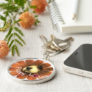 Puppy Love Peeking Out of a Flower Keychain