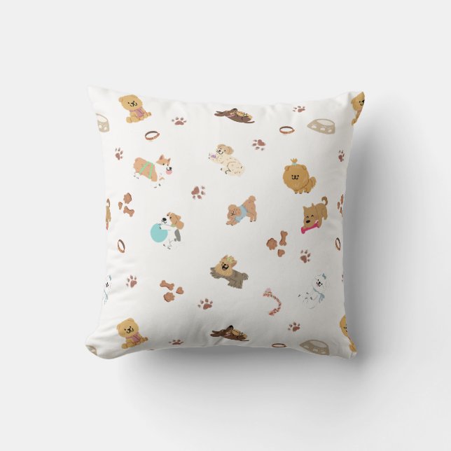 Puppy Love Seamless Pattern | Playful Dogs, Paw Pr Throw Pillow (Front)
