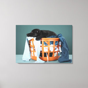 Puppy lying in laundry basket canvas print