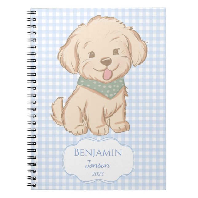 Puppy Maltese yorkie blue gingham personalized Notebook (Front)