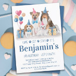 Puppy Party Dog Blue Boy Birthday Pawty Invitation<br><div class="desc">Let's Pawty! Invite friends and family to your kids or dog birthday party with this fun watercolor dog birthday invitation card. Personalize with name, birthday number, and all dog birthday party info! Visit our collection for matching pet birthday party decor, and gifts. This collection will be a favourite among dog...</div>