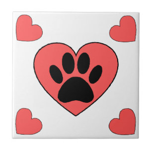 Puppy Paw Print And Red Hearts Pattern Tile
