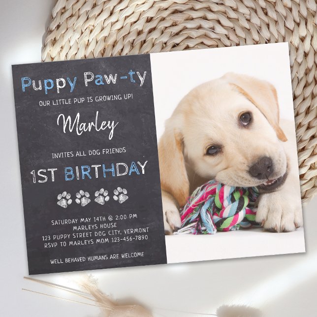 Puppy Pawty Chalkboard Blue Dog Birthday Invitation Postcard (Creator Uploaded)