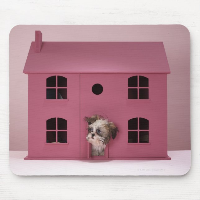 Puppy peering out of doll's house mouse pad (Front)