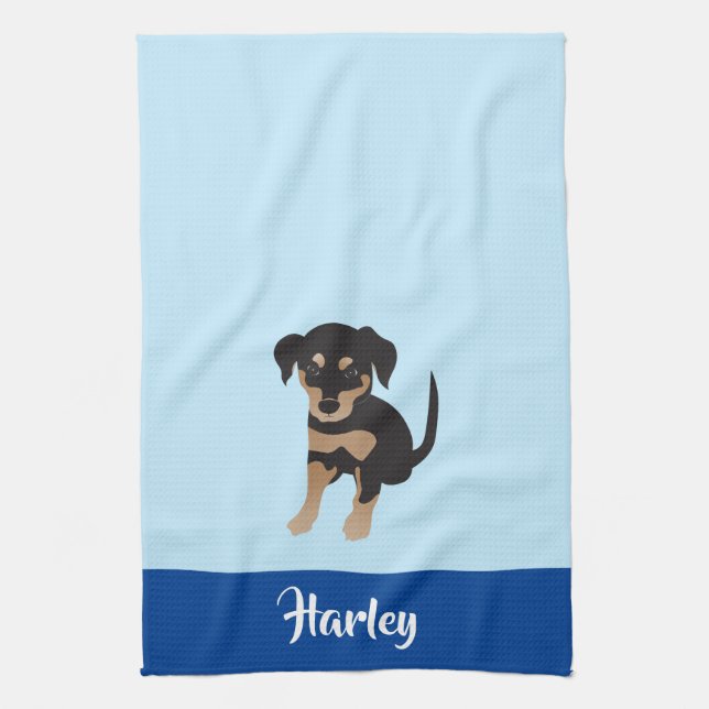 Puppy Personalizable Dog Name Blue Kitchen Towel (Vertical)