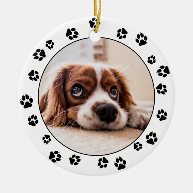 Puppy Photo Pawprints Ceramic Ornament (Front)