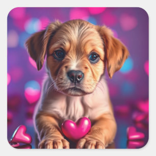Puppy Pink Hearts Square Sticker