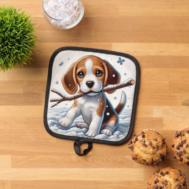 Puppy Playing in the Snow with a Stick in Winter Pot Holder (Top Down)