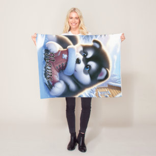 Puppy Playing With a Snow-Covered Winter Boot  Fleece Blanket