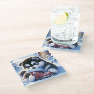Puppy Playing With a Snow-Covered Winter Boot Glass Coaster