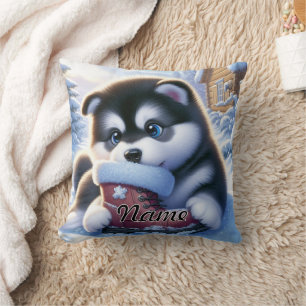 Puppy Playing With a Snow-Covered Winter Boot  Throw Pillow