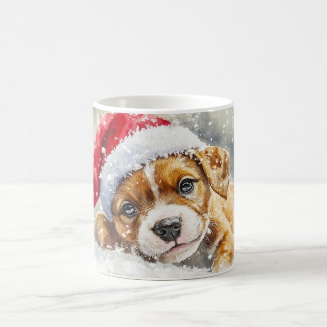 Puppy Playing with Santa Hat – Watercolor Coffee Mug (Center)