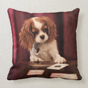 Puppy Plays Cards Throw Pillow