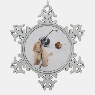 Puppy plays in the Snow Snowflake Pewter Christmas Ornament