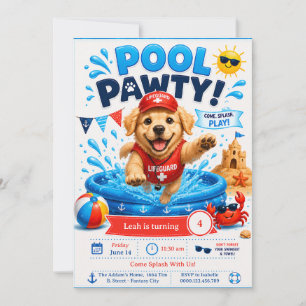 Puppy Pool Party Birthday Invitation Lifeguard Dog