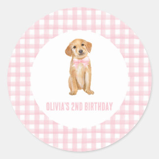 Puppy preppy pink plaid birthday classic round sticker