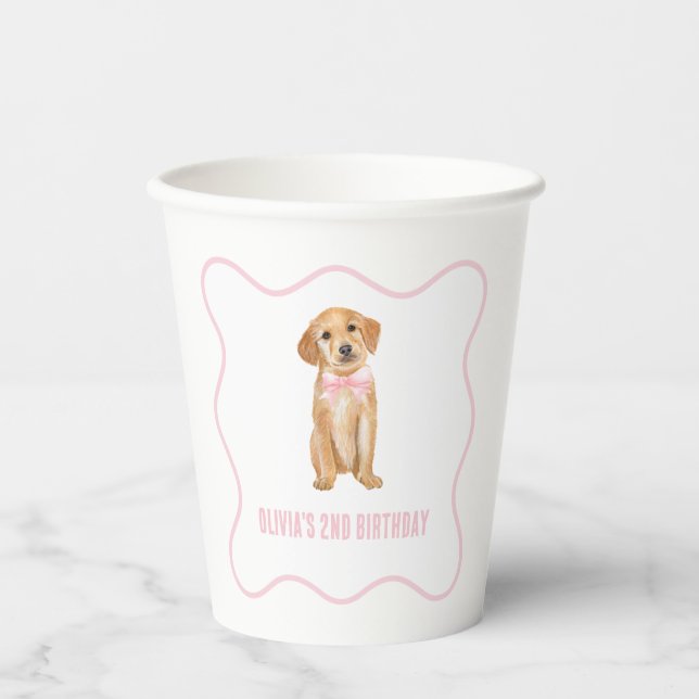Puppy preppy pink plaid birthday paper cups (Front)