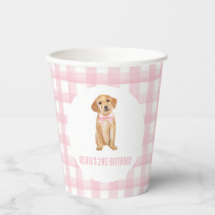 Puppy preppy pink plaid birthday paper cups