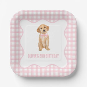 Puppy preppy pink plaid birthday paper plate