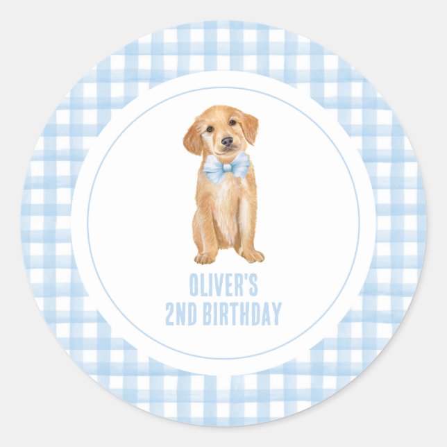 Puppy preppy plaid birthday classic round sticker (Front)