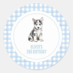 Puppy preppy plaid birthday classic round sticker