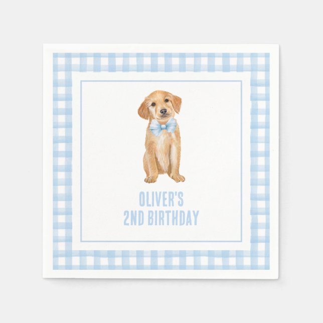Puppy preppy plaid birthday napkin (Front)