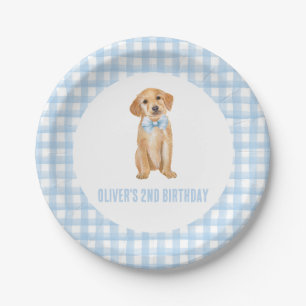 Puppy preppy plaid birthday paper plate