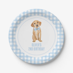 Puppy preppy plaid birthday paper plate