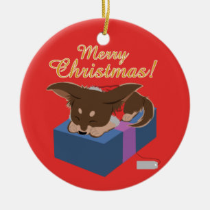 Puppy Present Ceramic Ornament