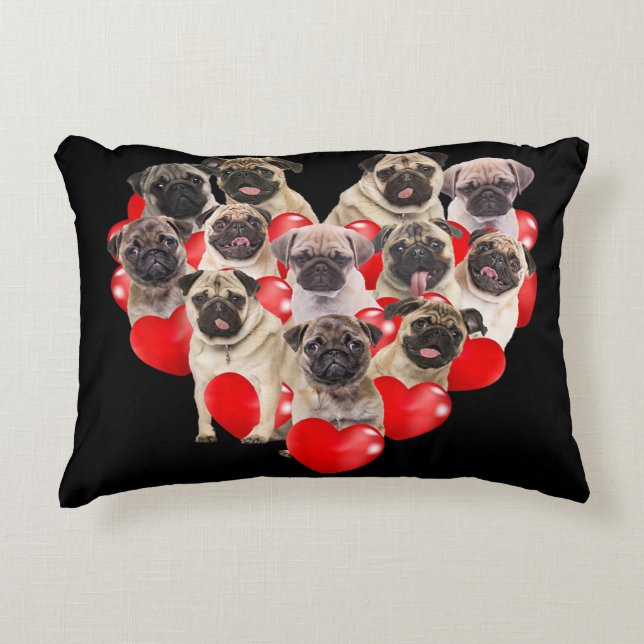 Puppy Pugs Dog Heart | Valentine's Day Gift Accent Pillow (Front)