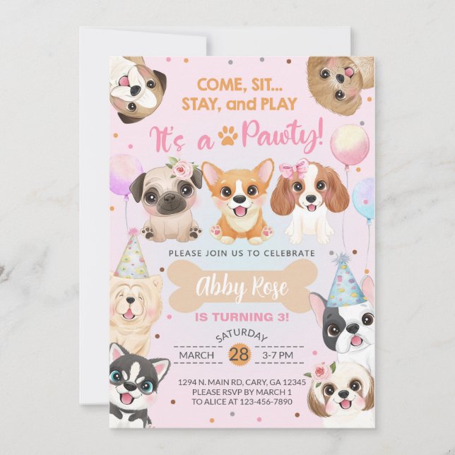 Puppy, puppies, pawty girl birthday invitation. invitation (Front)