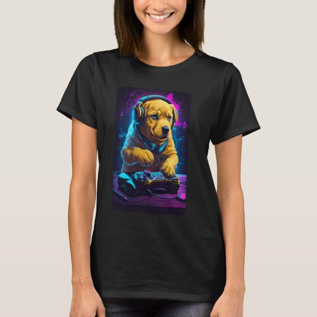 Puppy Rave Techno Style Golden Lab Gamer with Cont T-Shirt (Front)
