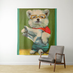 puppy reading the newspaper tapestry